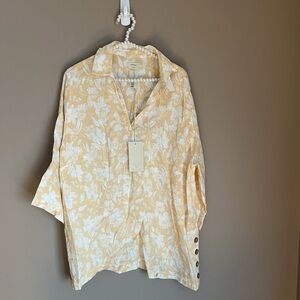 Joie Beige Floral Linen Blouse with Pearl Accents